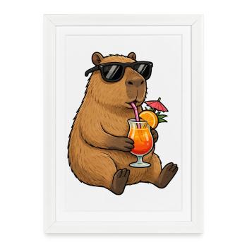 Capybara avec cocktail solaire - Affiche encadrée (27 × 37 cm) - blanc - Devant