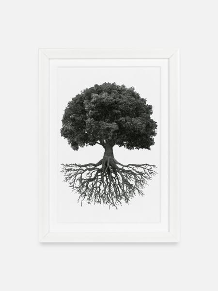 Lebensbaum mit Wurzeln – Schwarzweiß - Gerahmtes Poster (27 × 37 cm) - Weiß