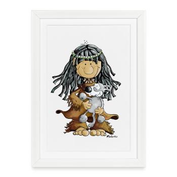 Fille indienne et le loup - tee shirt - Affiche encadrée (27 × 37 cm) - blanc - Devant