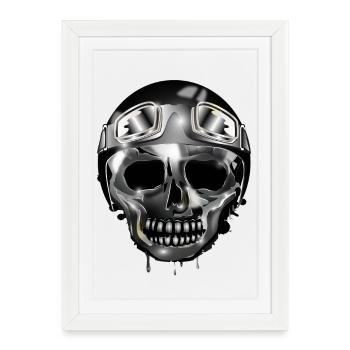 Crâne chromé avec casque de moto rétro et lunettes - Affiche encadrée (27 × 37 cm) - blanc - Devant