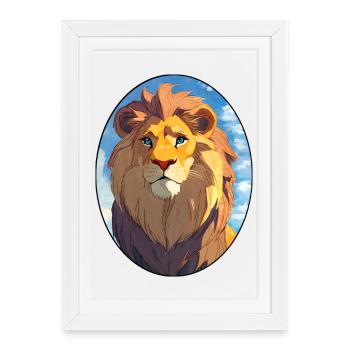 Löwe mit blauen Augen (Oval) - Gerahmtes Poster (27 × 37 cm) - Weiß - Vorne