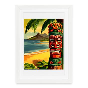 Masque Tiki sur la plage tropicale coucher de soleil - Affiche encadrée (27 × 37 cm) - blanc - Devant