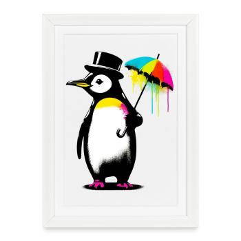 Penguin with hat and umbrella for rain - Framed poster (27 × 37 cm) - white - Front