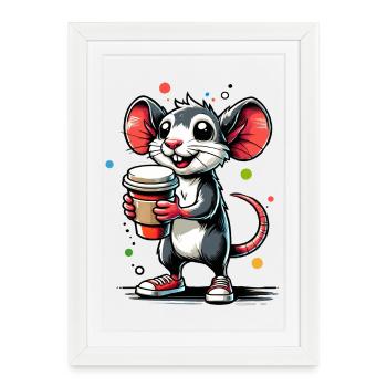 Cartoon of a cheerful mouse with coffee - Framed poster (27 × 37 cm) - white - Front