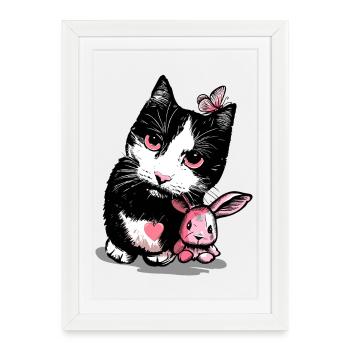 Chat avec lapin en peluche et papillon - Affiche encadrée (27 × 37 cm) - blanc - Devant