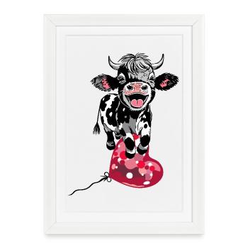 Drôle de veau avec ballon coeur - Affiche encadrée (27 × 37 cm) - blanc - Devant