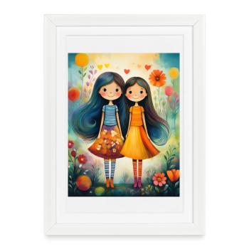 Fillettes Souriantes Décor Fleuri - Affiche encadrée (27 × 37 cm) - blanc - Devant