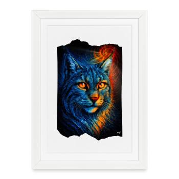 Mystical lynx wildcat in firelight - Framed poster (27 × 37 cm) - white - Front