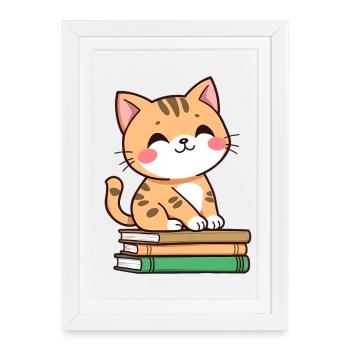 Chat avec des livres - Affiche encadrée (27 × 37 cm) - blanc - Devant