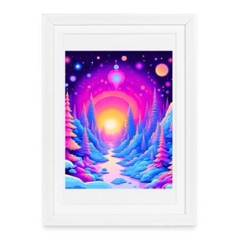 « Rêves de forêt cosmique - Voyage au coucher du soleil au néon » - Affiche encadrée (27 × 37 cm) - blanc - Devant