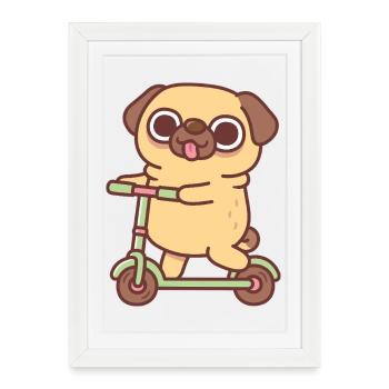 Carlin mignon jouant sur une trottinette - Affiche encadrée (27 × 37 cm) - blanc - Devant