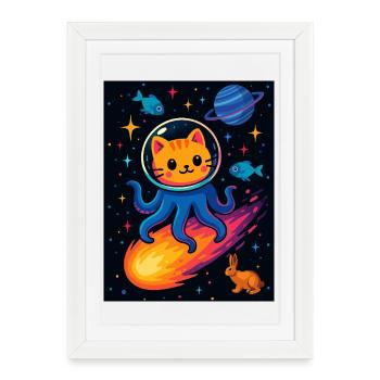 Aventure Cosmic Cat Octopus - Affiche encadrée (27 × 37 cm) - blanc - Devant