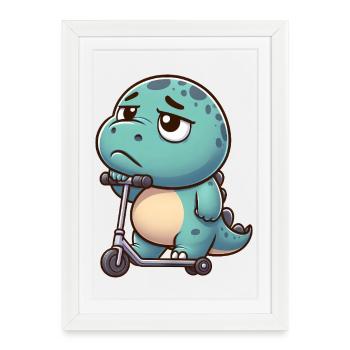 mignon Dino Trex scooter dessin animé ennui - Affiche encadrée (27 × 37 cm) - blanc - Devant