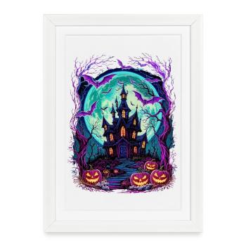 Château hanté au clair de lune avec des chauves-souris - Affiche encadrée (27 × 37 cm) - blanc - Devant