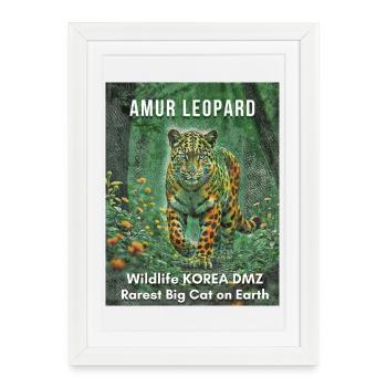 Léopard de l’Amour – Chat sauvage rare de la zone démilitarisée de la Corée - Affiche encadrée (27 × 37 cm) - blanc - Devant
