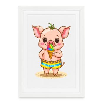 Petit cochon avec de la glace colorée - Affiche encadrée (27 × 37 cm) - blanc - Devant