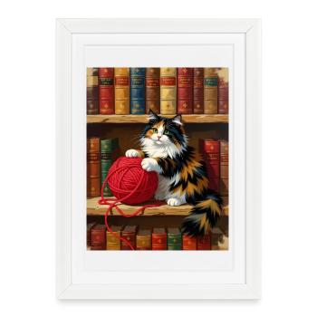 Cat Shine : chatons avec de la laine rouge sur l’étagère - Affiche encadrée (27 × 37 cm) - blanc - Devant