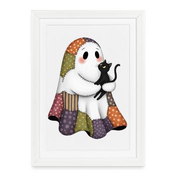 Patchwork fantôme avec chat noir - Affiche encadrée (27 × 37 cm) - blanc - Devant