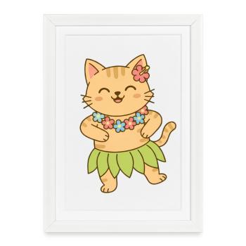 Chat à Hawaï - Affiche encadrée (27 × 37 cm) - blanc - Devant