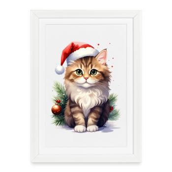 Chat comme Père Noël à Noël - Affiche encadrée (27 × 37 cm) - blanc - Devant