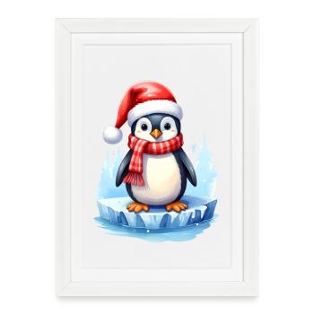 Penguin in winter and at Christmas - Framed poster (27 × 37 cm) - white - Front