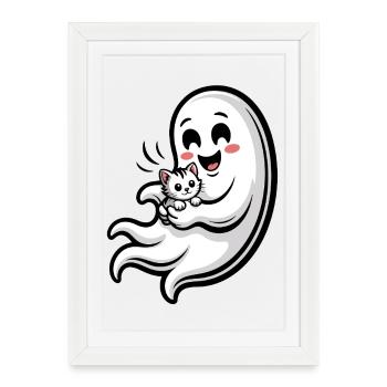 Fantôme câlin avec chat - Affiche encadrée (27 × 37 cm) - blanc - Devant