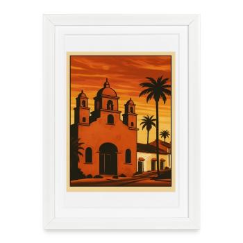Coucher de soleil, église, palmiers et plage - Affiche encadrée (27 × 37 cm) - blanc - Devant
