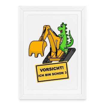 Dino Bagger 3 ans Anniversaire - Affiche encadrée (27 × 37 cm) - blanc - Devant