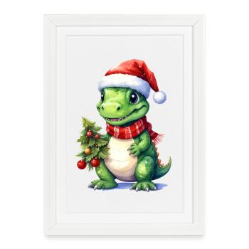 Dino mignon adapté pour Noël - Affiche encadrée (27 × 37 cm) - blanc - Devant