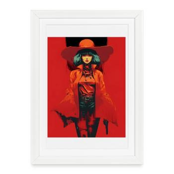 Femme au manteau orange Chapeau large - Affiche encadrée (27 × 37 cm) - blanc - Devant