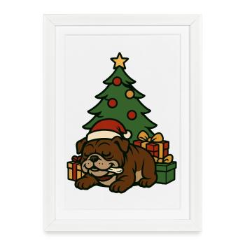 Bulldog Sleeping by Tree Christmas Cartoon Art - Framed poster (27 × 37 cm) - white - Front
