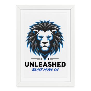 Blue Neon Lion Crest Unleashed - Framed poster (27 × 37 cm) - white - Front