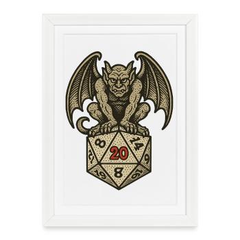 Gargouille sur un arc de dés D20 - Affiche encadrée (27 × 37 cm) - blanc - Devant