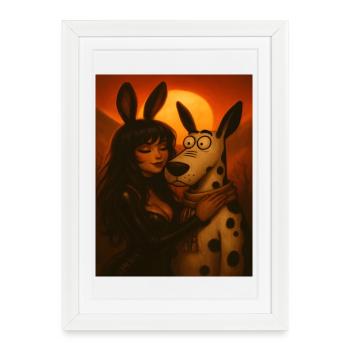 Nuit de lune avec la femme lapin et le chien de dessin animé - Affiche encadrée (27 × 37 cm) - blanc - Devant