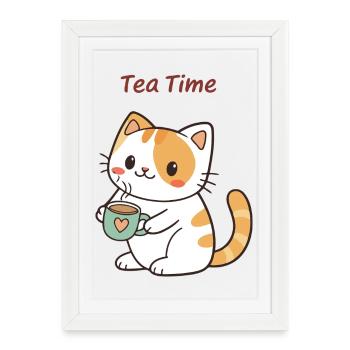 Chat Tea Time Doux - Affiche encadrée (27 × 37 cm) - blanc - Devant