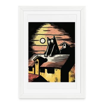 Moonlit night with black cat - Framed poster (27 × 37 cm) - white - Front
