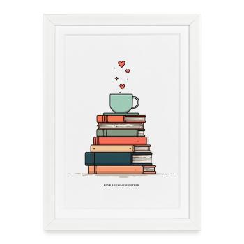 Pile de livres et tasse de café - Affiche encadrée (27 × 37 cm) - blanc - Devant