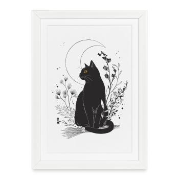 Chat noir au clair de lune - Affiche encadrée (27 × 37 cm) - blanc - Devant
