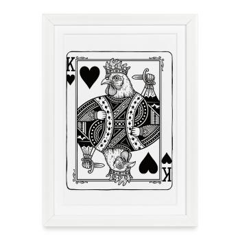 Poulet Roi Cœur - Cadeau de cartes à jouer de ferme - Affiche encadrée (27 × 37 cm) - blanc - Devant