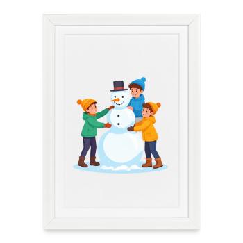 Happy children building a snowman - Framed poster (27 × 37 cm) - white - Front