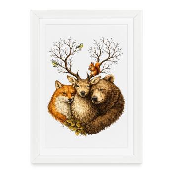 Forest Animals United – Illustration du cerf renard et de l’ours - Affiche encadrée (27 × 37 cm) - blanc - Devant