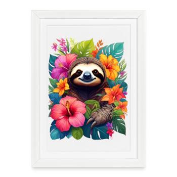 Paresseux parmi les fleurs exotiques dans la jungle - Affiche encadrée (27 × 37 cm) - blanc - Devant