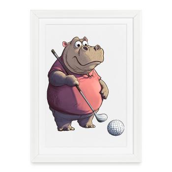 Hippopotames Golf / Hippopotame Golfeur - Affiche encadrée (27 × 37 cm) - blanc - Devant