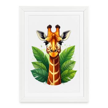 Une girafe entourée de feuilles juteuses et vertes - Affiche encadrée (27 × 37 cm) - blanc - Devant