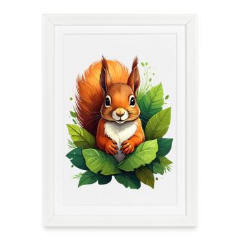 Un écureuil entre les feuilles vertes dans la forêt - Affiche encadrée (27 × 37 cm) - blanc - Devant