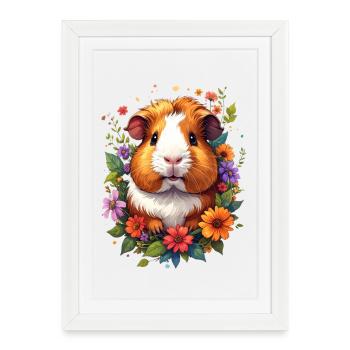 Petit cochon d’Inde mignon entouré de fleurs - Affiche encadrée (27 × 37 cm) - blanc - Devant