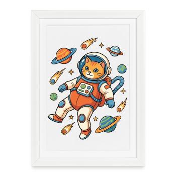 Chat Cosmique en Orbite - Affiche encadrée (27 × 37 cm) - blanc - Devant