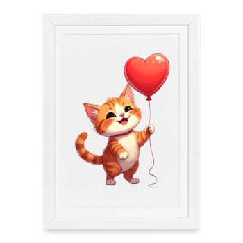 Chat avec ballon en forme de cœur pour la Saint-Valentin - Affiche encadrée (27 × 37 cm) - blanc - Devant