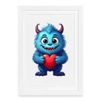 Monstre bleu mignon avec un cœur – Saint-Valentin - Affiche encadrée (27 × 37 cm) - blanc - Devant