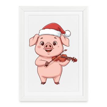 Animaux de ferme de cochons de Noël jouant du violon - Affiche encadrée (27 × 37 cm) - blanc - Devant